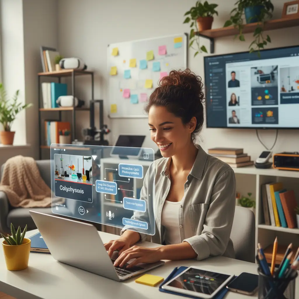 Teacher converting a lesson plan into an interactive online course on a laptop