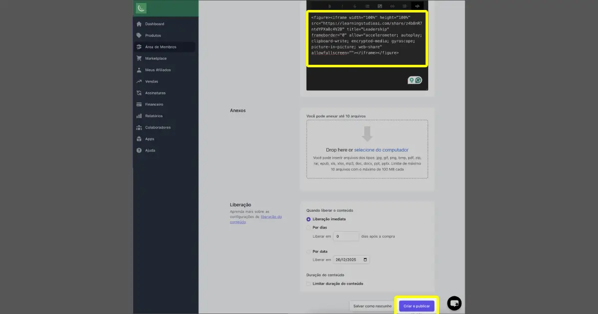 Aula criada e publicada na área de membros