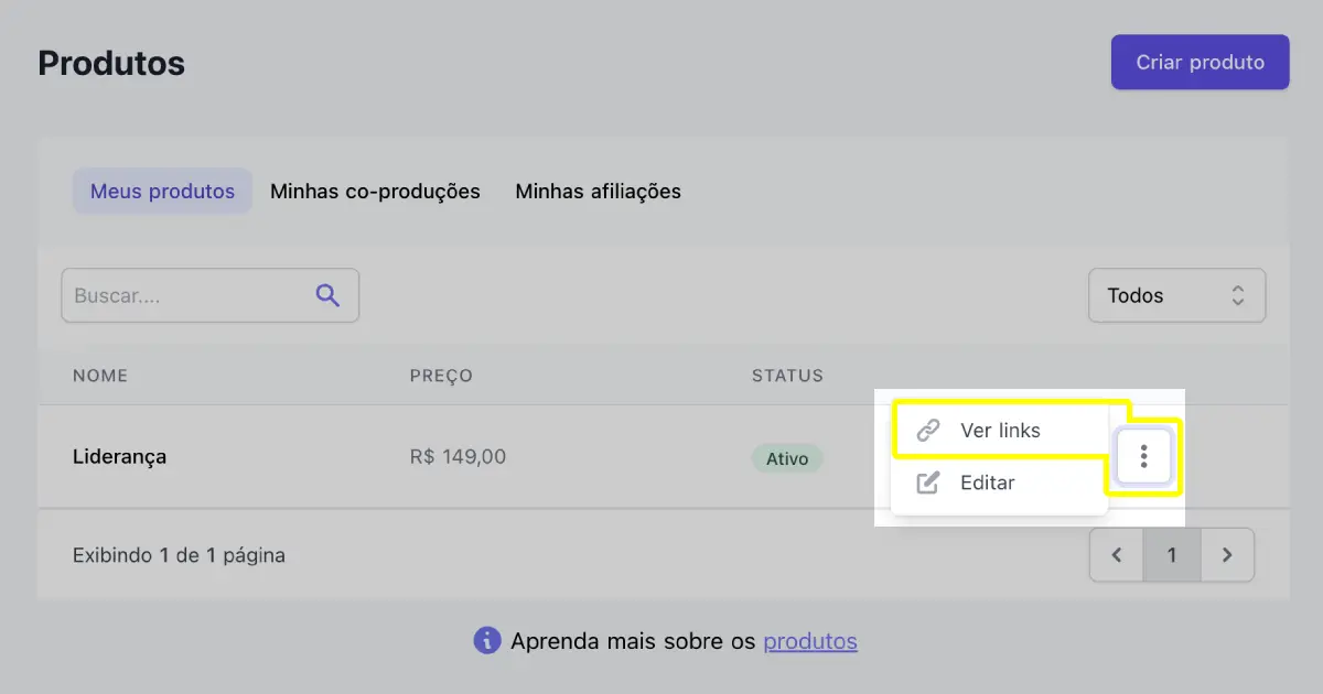 Menu de opções do produto com opção Ver links