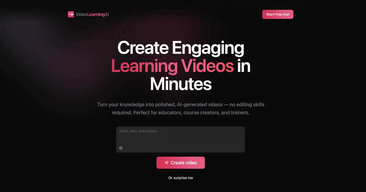VideoLearningAI interface showing AI-assisted video creation features